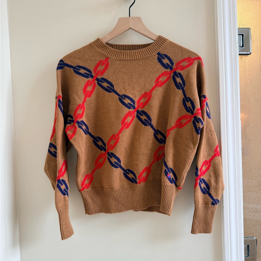 Clare V chains Brown Sweater with Red and Blue Pattern